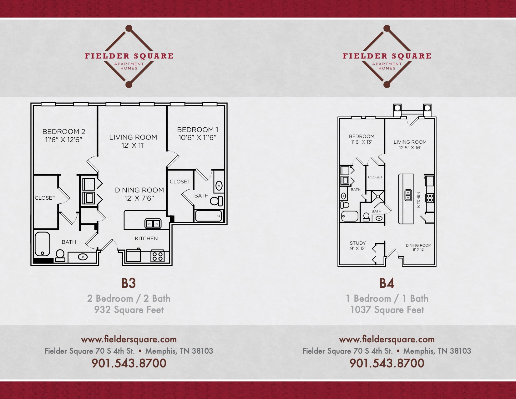 Floor plan for 2 beds, 2 baths, 932 sqft